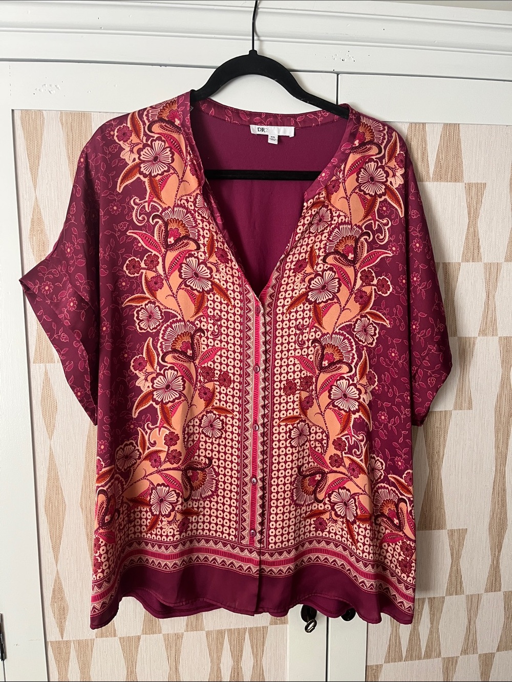 DR2 Burgundy Floral-Print V-Neck Tunic with Peach Accents